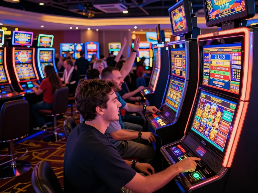 Exciting gameplay at KO66 Casino with vibrant slot machines and players celebrating wins.