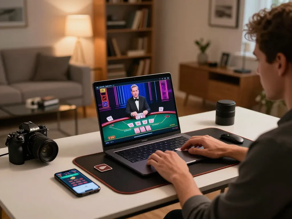 Winwin live dealer blackjack experience at a modern home office setup, showcasing strategic gameplay and engaging atmosphere.