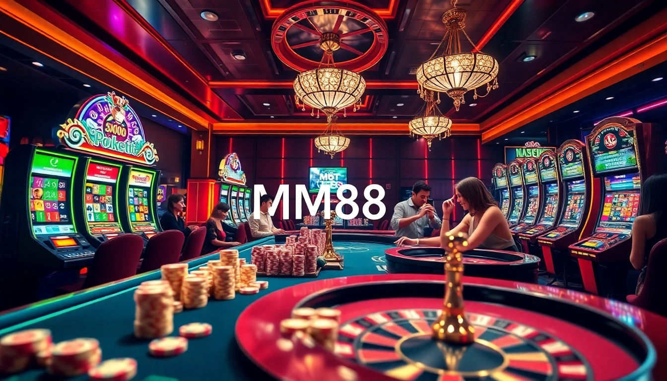 MM88 players engaging at colorful casino tables surrounded by vibrant gaming elements.