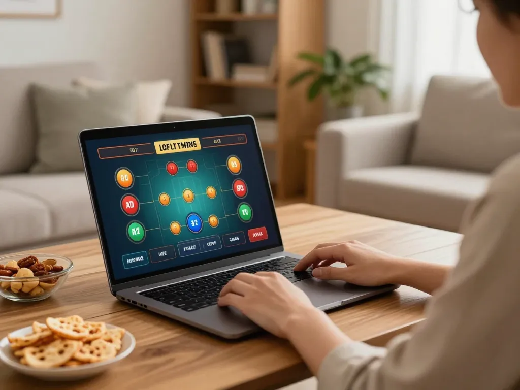 Kuwin user placing bets on online casino game on laptop in cozy home environment.