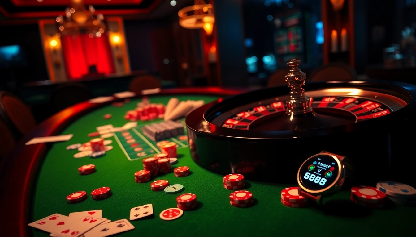 Casino scene highlighting LC88 smartwatch with roulette wheel and poker chips on a luxurious table.