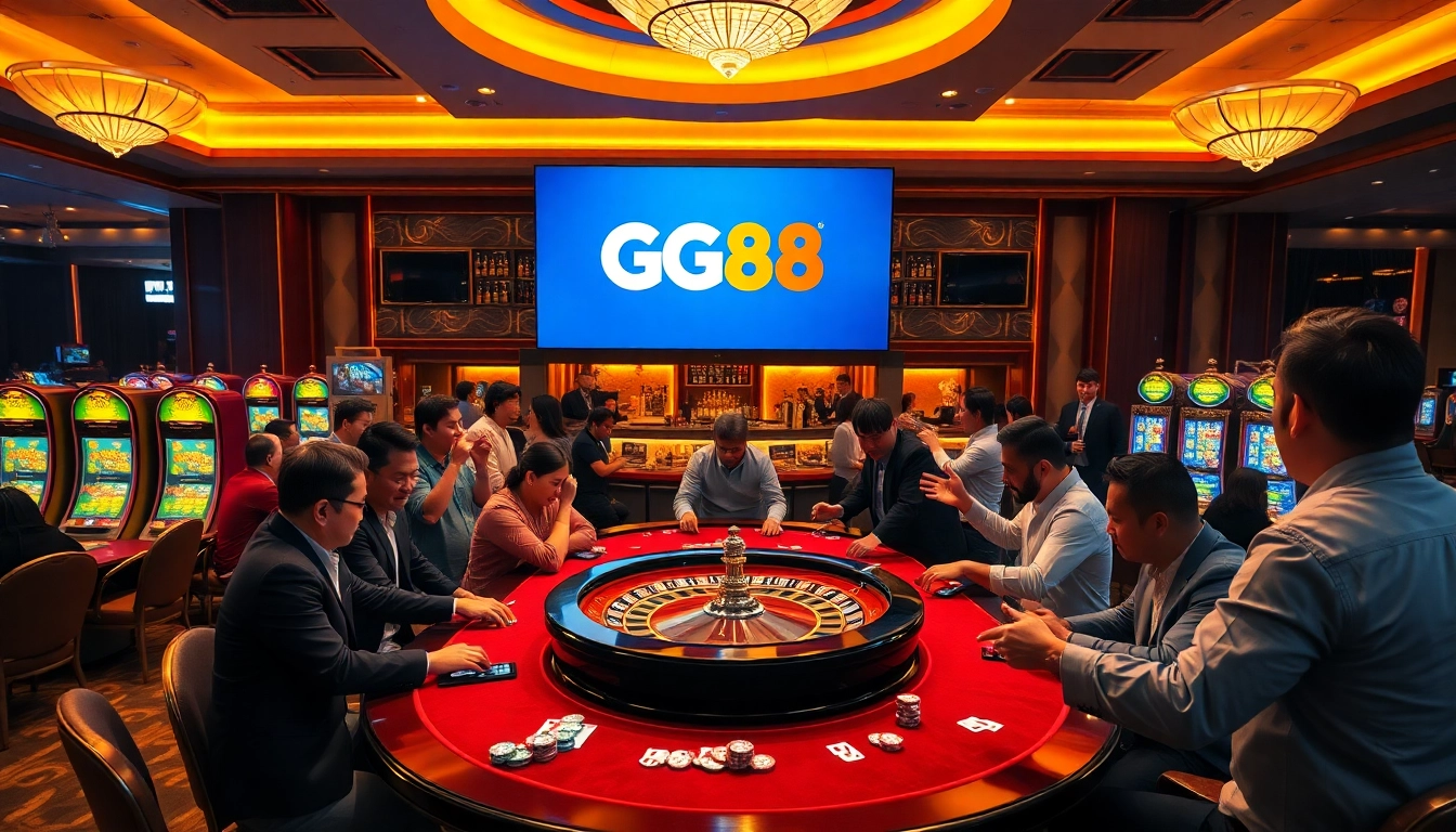 Players enjoying a thrilling casino atmosphere at GG88 with vibrant slot machines and roulette games.