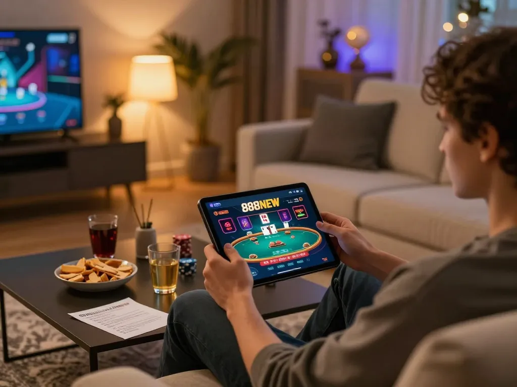 A player enjoying online gambling with 888NEW app on tablet in cozy living room setting