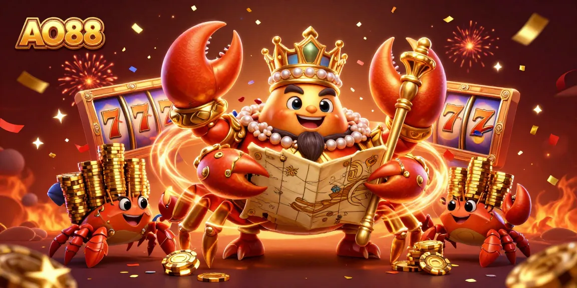 Experience vibrant gaming at AO88 with a golden crab emperor, slot game elements, and festive celebrations.