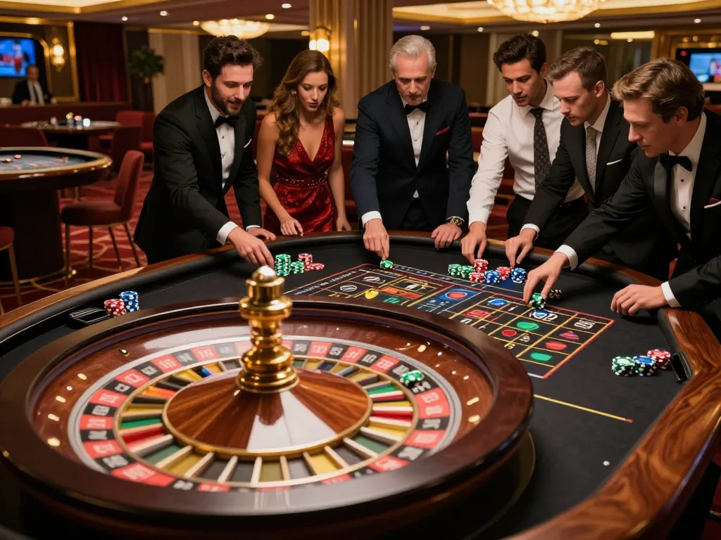 Players engage in a high-stakes roulette game at soibet, showcasing excitement and luxury casino elements.