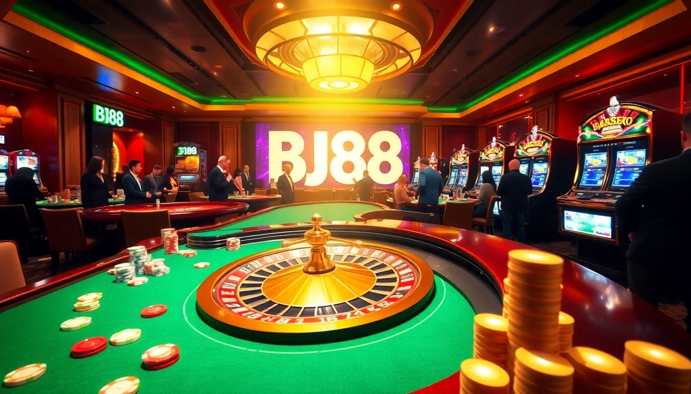 Players enjoying intense gaming sessions at BJ88 casino featuring roulette and poker tables.