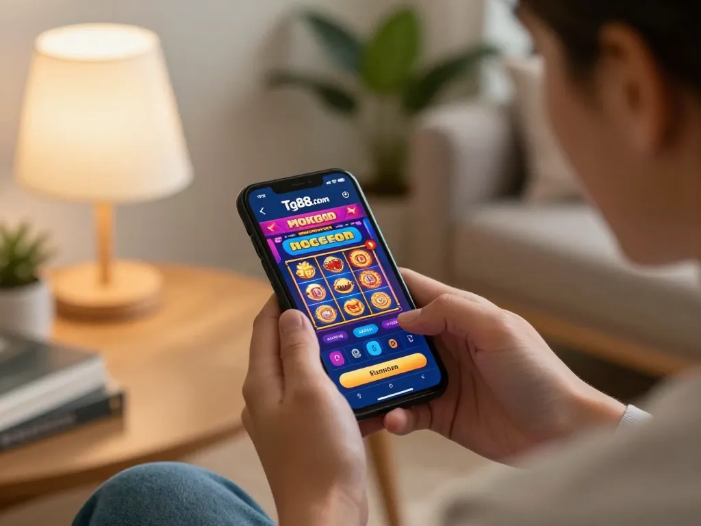 Player enjoying engaging gameplay on Tg88.com casino app in a cozy home setting.