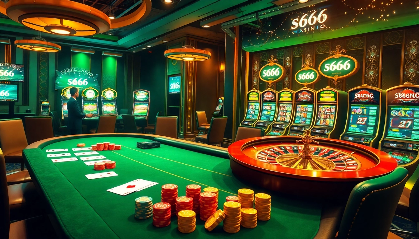 S666 casino scene with poker table, roulette wheel, and slot machines showcasing excitement and luxury.