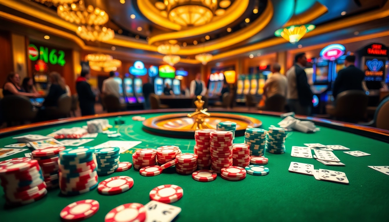 Engaging scene of go8 casino action with poker chips and roulette wheel, showcasing high-stakes excitement.