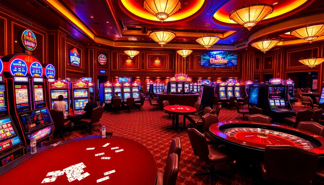 Gamblers enjoying the excitement of nohu90 at a luxurious casino with vibrant slot machines.