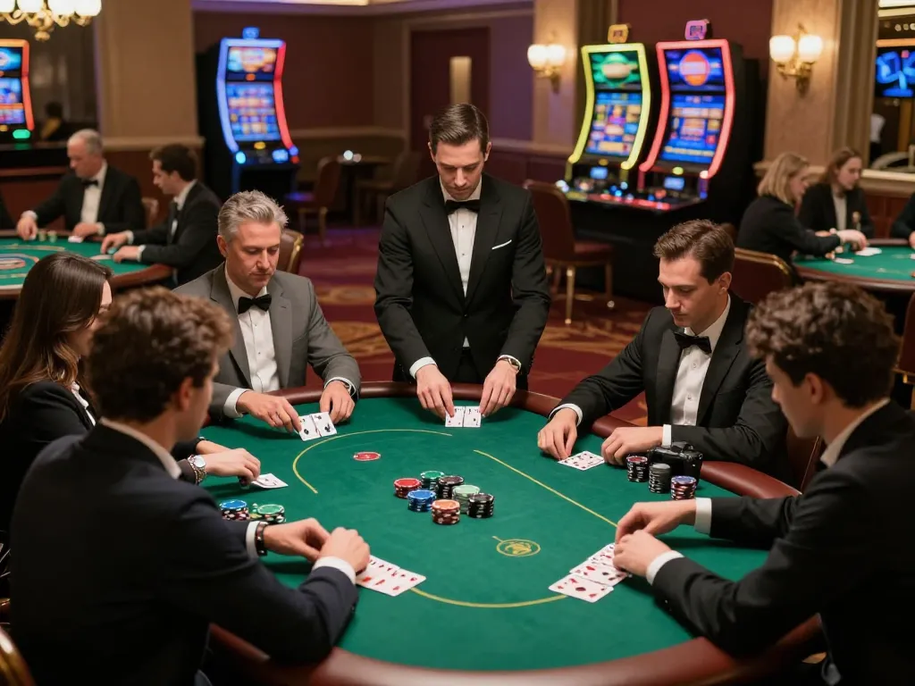 Twin68 poker players strategizing their bets in an upscale casino environment.