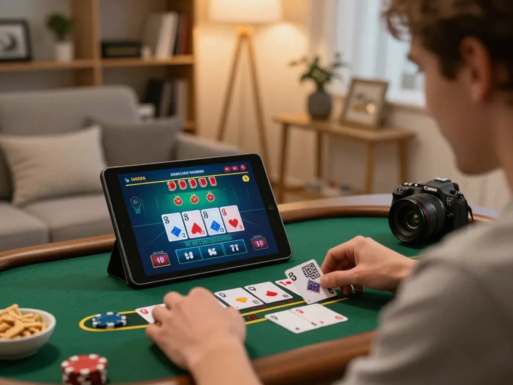 79KING player enjoying live dealer blackjack on tablet during cozy home gaming session.