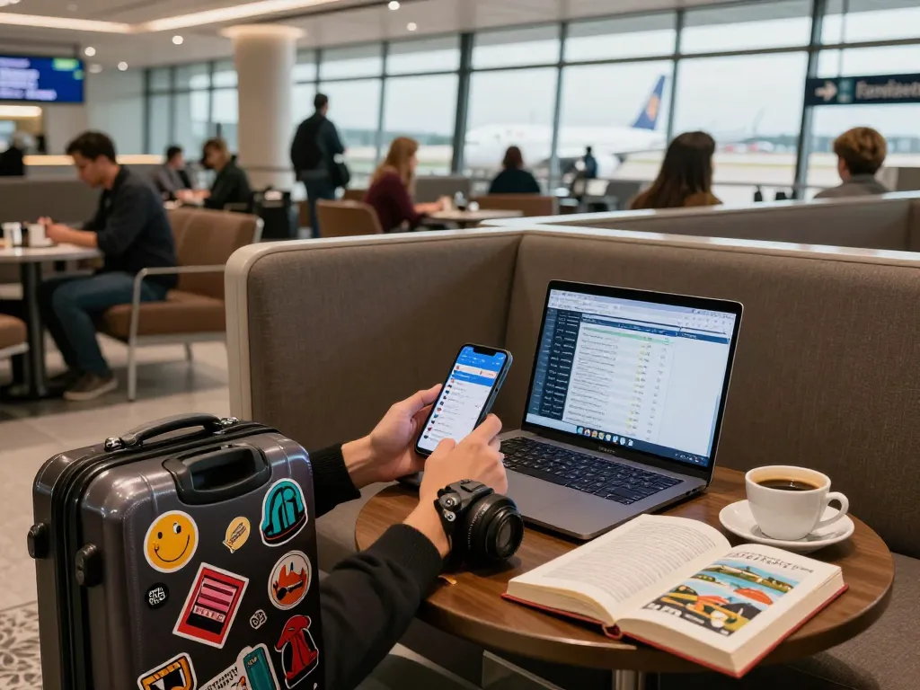 Travel enthusiast planning adventures with 789P flights in a bustling airport.