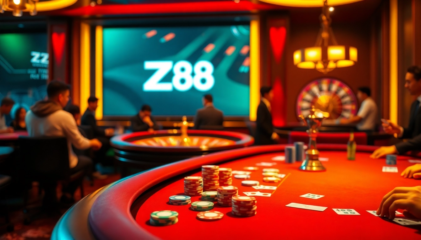 Players engaging in high-stakes poker at HZ88 casino, featuring colorful chips and cards.