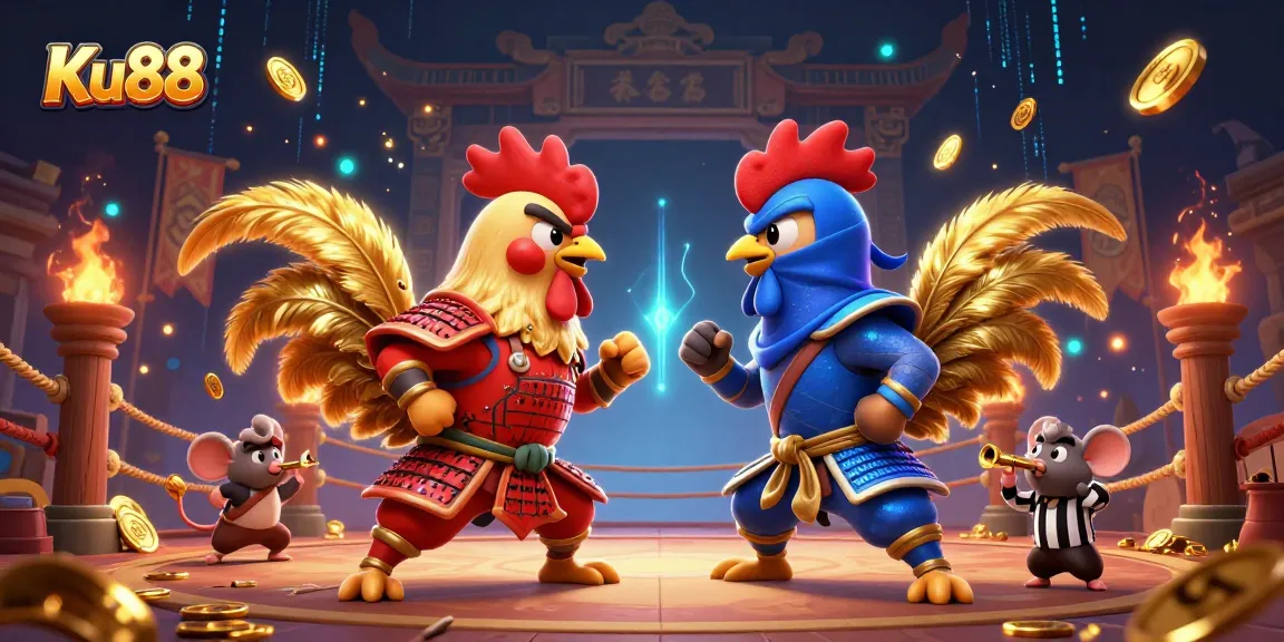 Ku88 showcases twin fighting roosters in a thrilling standoff with dynamic casino elements.