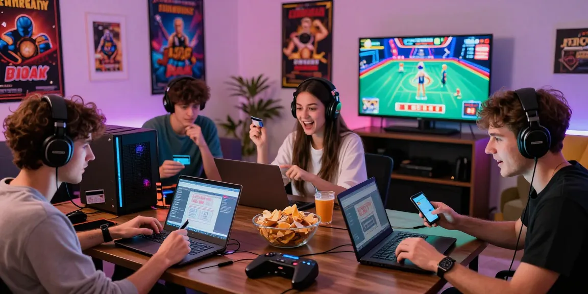 Engaged players in a vibrant living room explore credit card casinos at maic.org.uk with laptops and smartphones.
