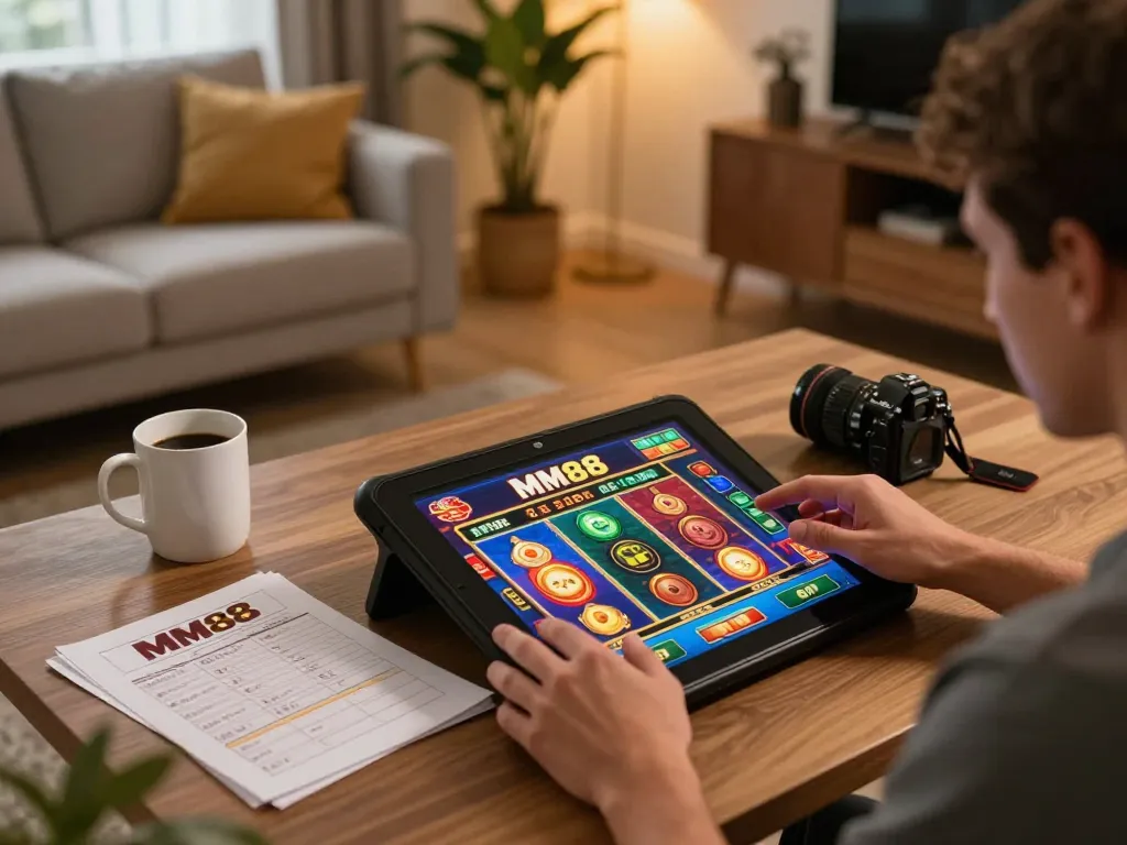 Engaging in MM88 slots gameplay on a tablet in a cozy home setup