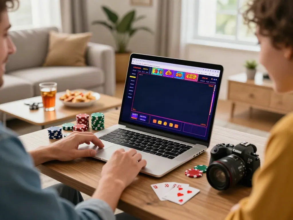 Engaging scene of a user playing at a casino not on gamstop from home, with vibrant gaming visuals.