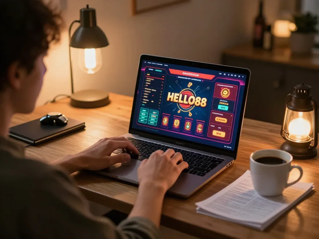 Player engaging in HELLO88 online gaming, surrounded by cozy home lighting and strategy notes.