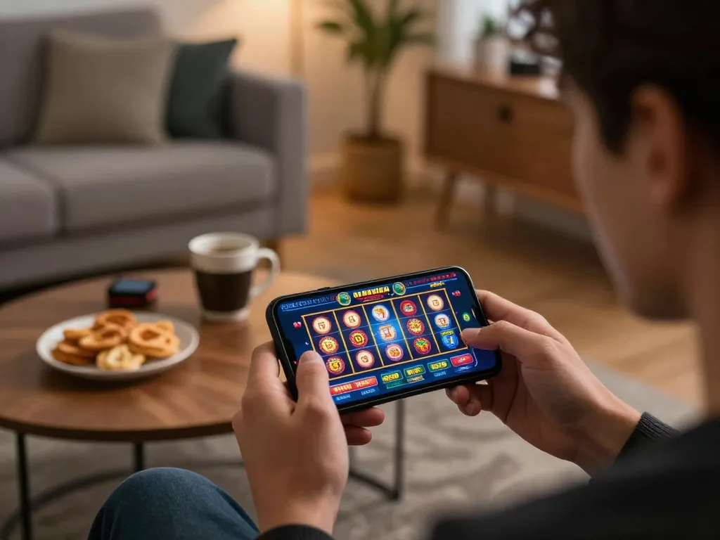 NOHU90 player enjoying mobile gambling experience with exciting slots interface in cozy home setting.