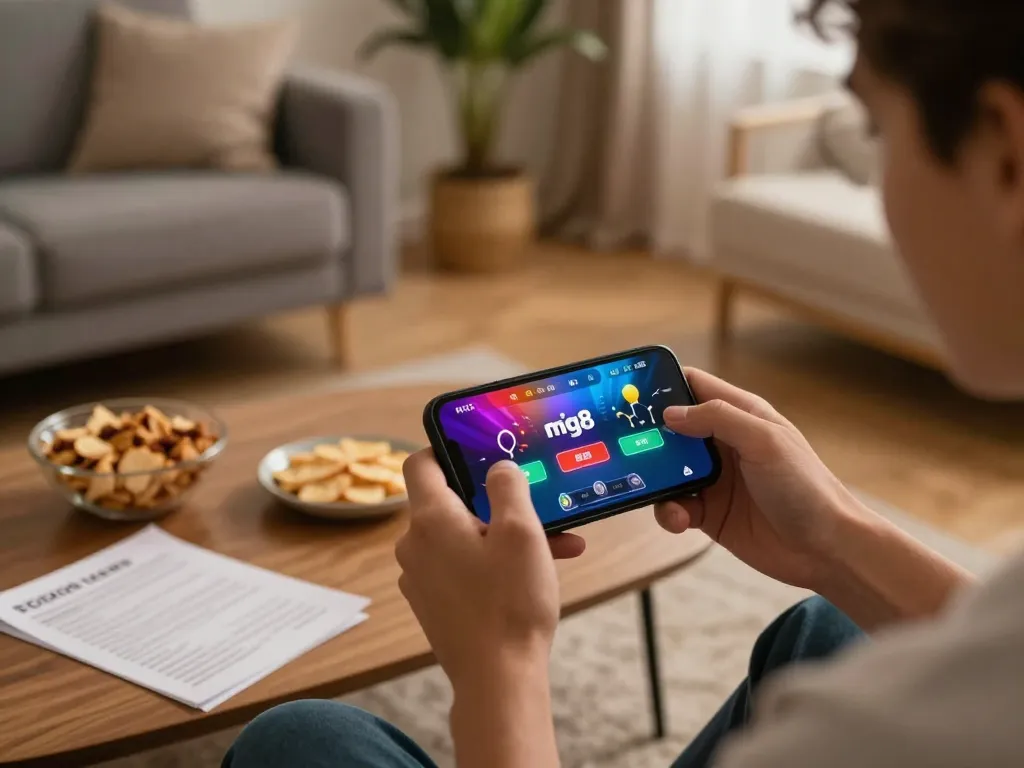 Engaging gameplay on the mig8 app from a cozy home setup with poker strategy notes.