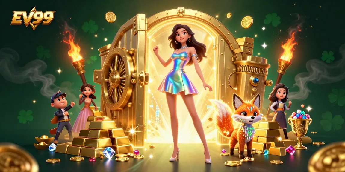 Experience excitement at EV99 with a dazzling 3D casino scene filled with treasures and fun.