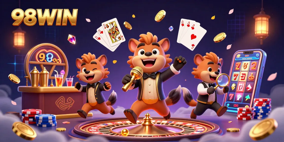 Experience the vibrant energy of 98WIN in a dynamic casino scene with comedic hyenas and cascading gold.