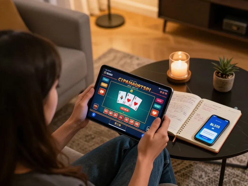 Person playing online casino game on tablet, enjoying BL555's gaming experience in a cozy home setup.