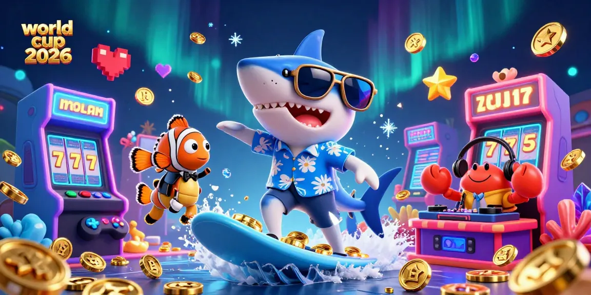 Engage in thrilling action with world cup 2026 as the shark surfs gold coins amidst vibrant casino elements.