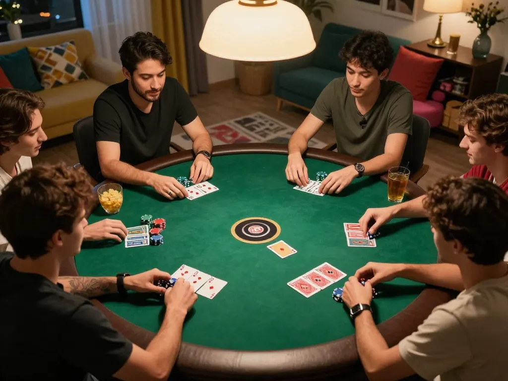 Engaged friends playing game bài during a cozy home poker night with chips and cards visible.