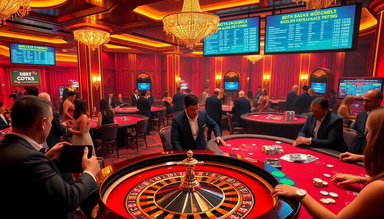 Exciting casino atmosphere showcasing players engaging with BDTK1 on poker and roulette tables.