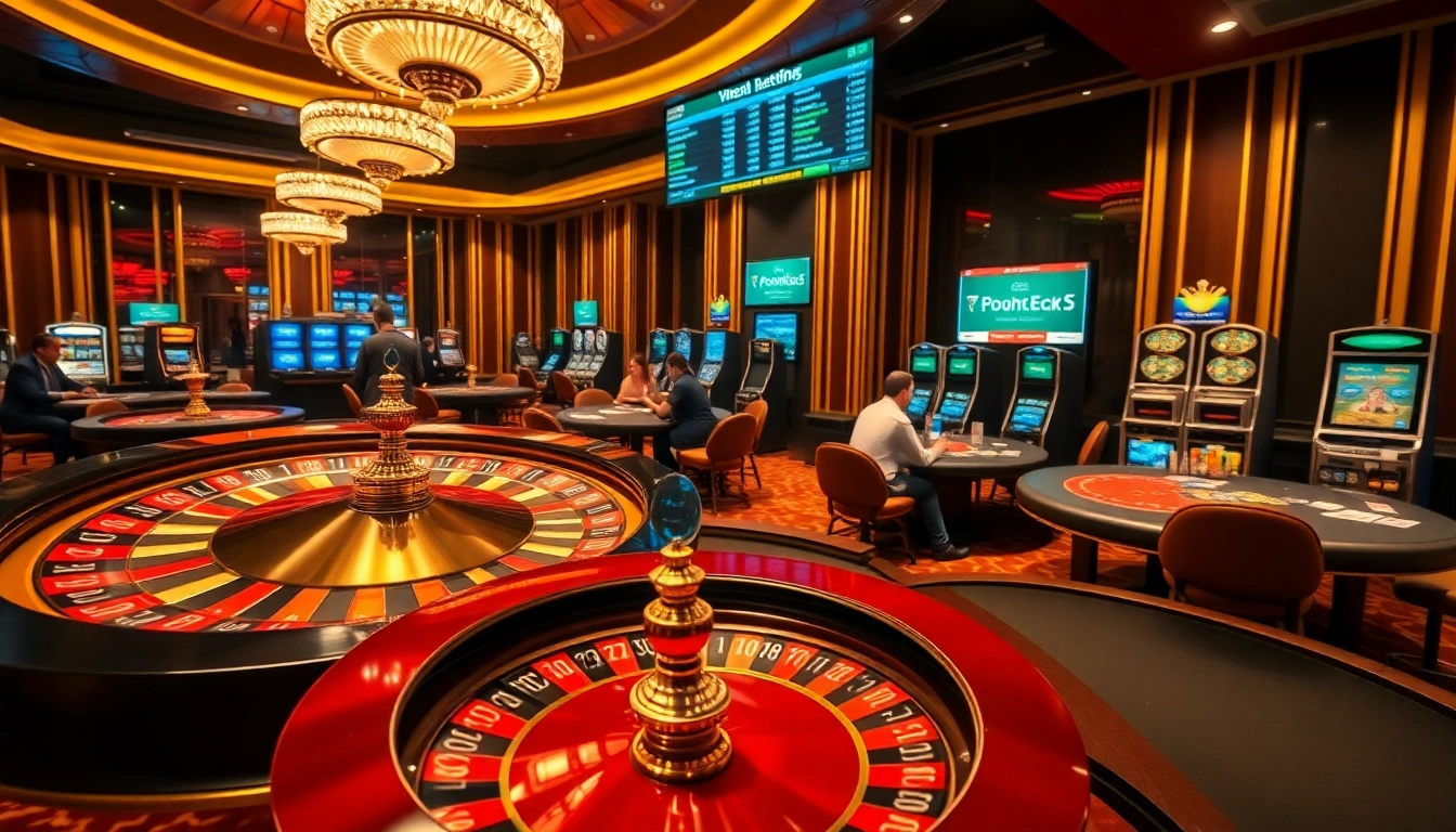 KJC Casino scene showcasing poker tables, a roulette wheel, and vibrant slot machines in an exciting atmosphere.