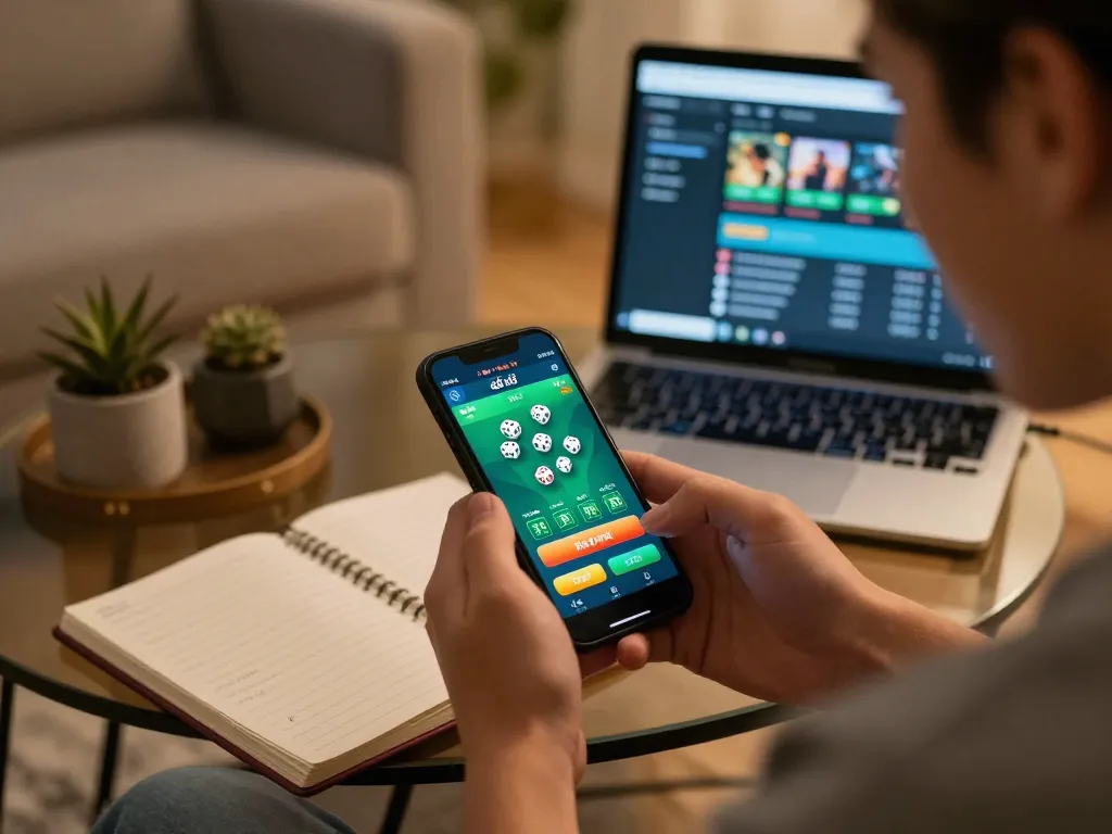 Engaging in tài xỉu online gameplay using a smartphone app, highlighting a cozy home setting with strategic notes.