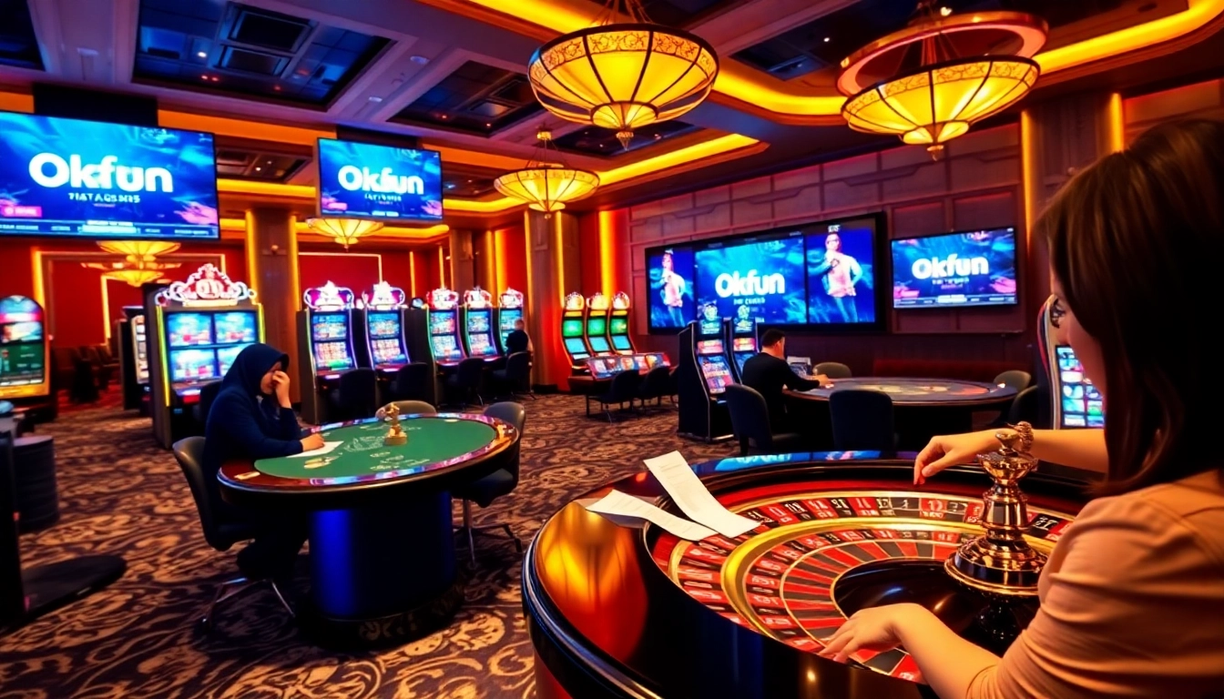 Players enjoying a thrilling poker game at Okfun Casino, surrounded by vibrant slot machines.