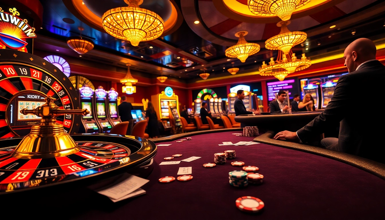 Kuwin players enjoying various casino games like poker and roulette in a vibrant setting.