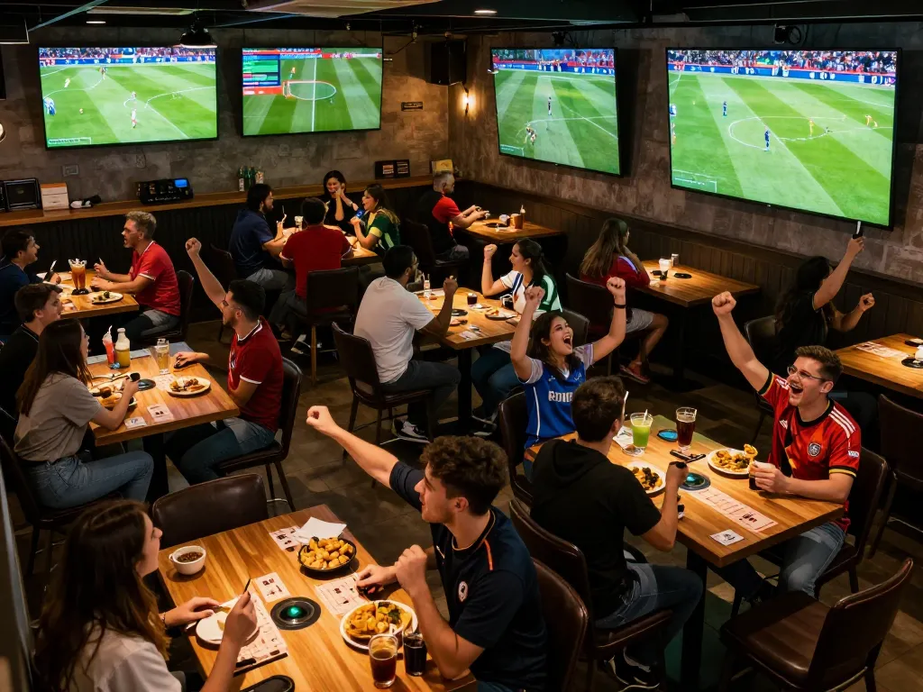 Kết quả bóng đá shown live in a vibrant sports bar, capturing the excitement of fans and betting action.