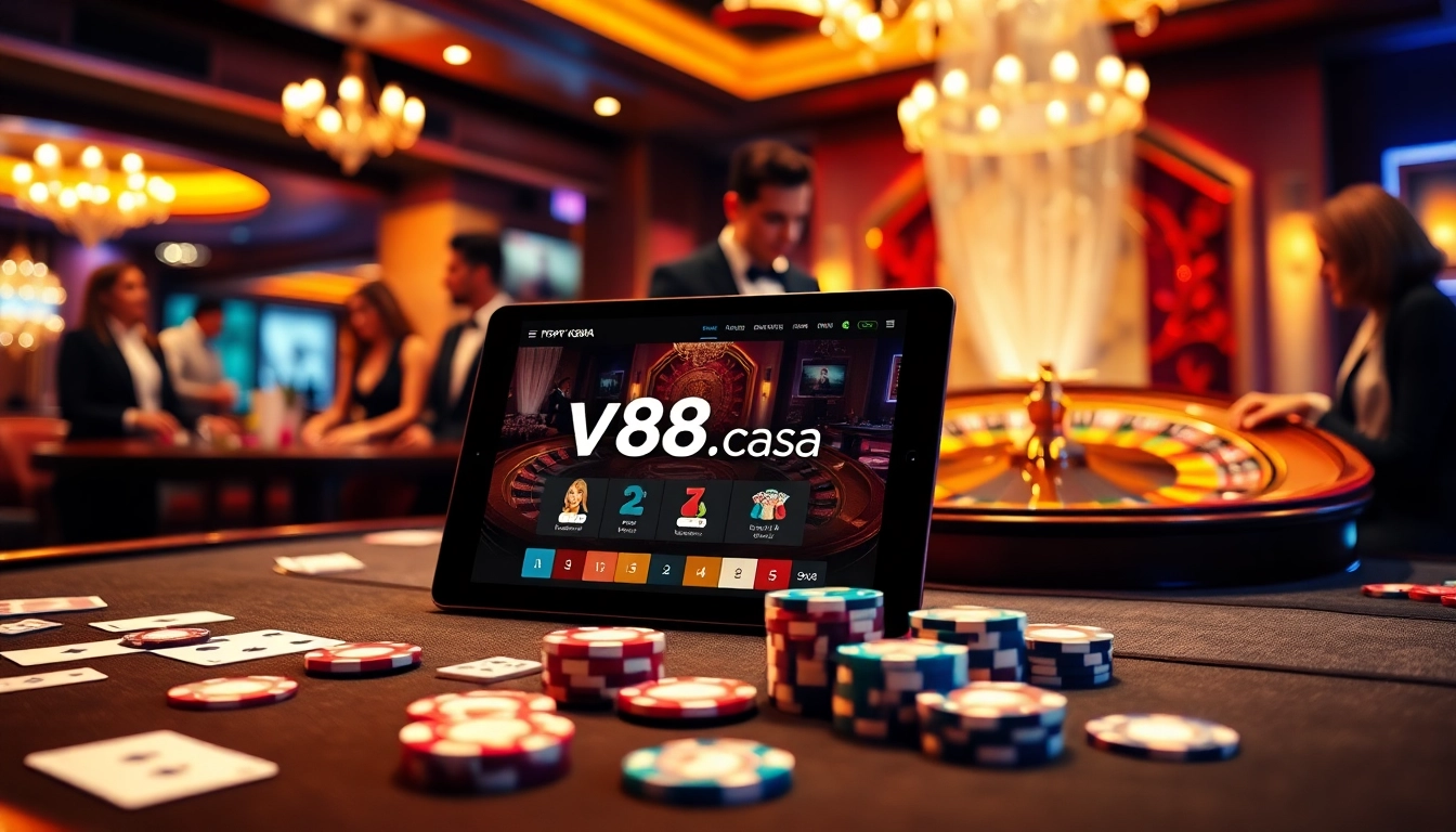 Engage in thrilling gameplay at https://v88.casa/ with vibrant casino tables and excitement in the air.