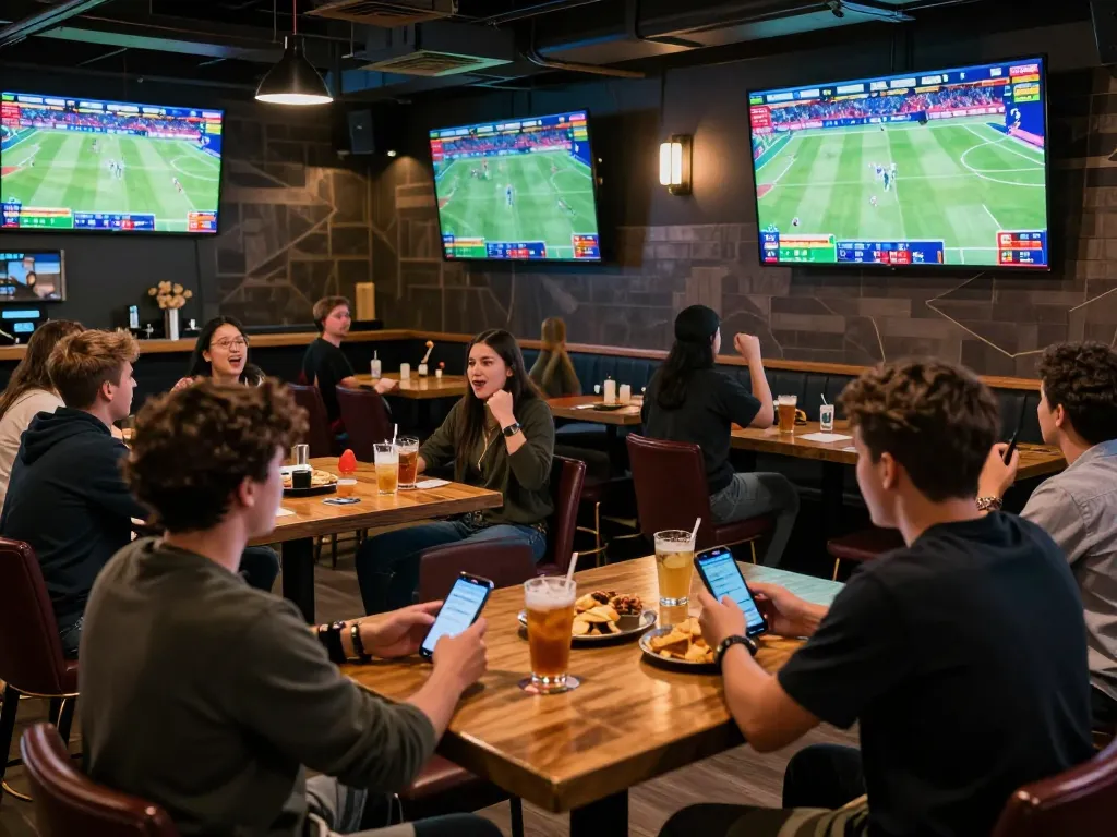 Fans engaging with vebotv sports betting during live games at a modern sports bar