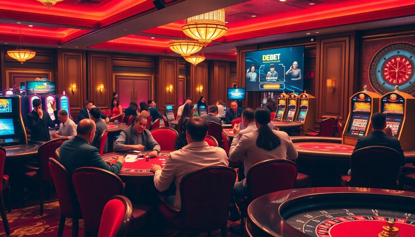 Engaging gamblers celebrating wins at the DEBET trang chủ casino with vibrant tables and luxurious atmosphere.