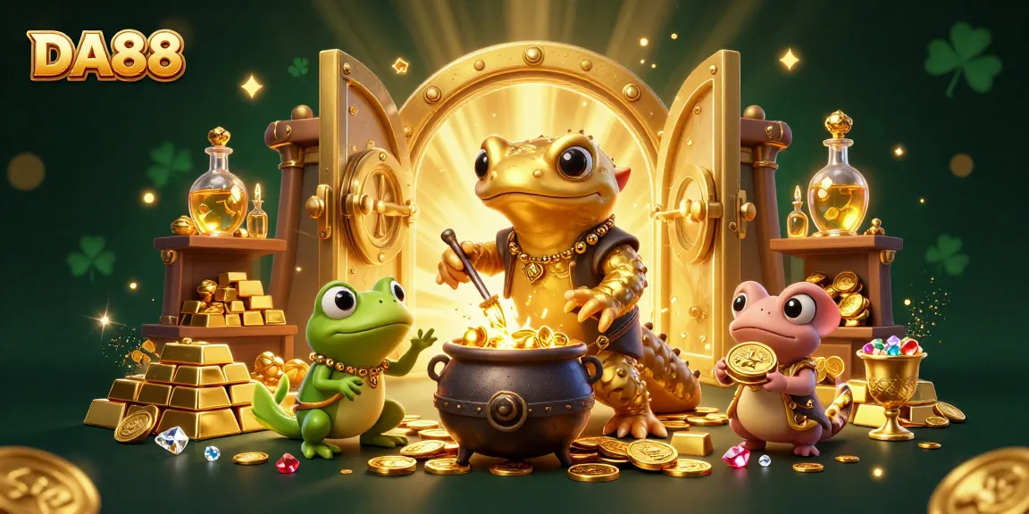 DA88 showcases a golden alchemist and friends transforming metals into gold coins in a vibrant casino.