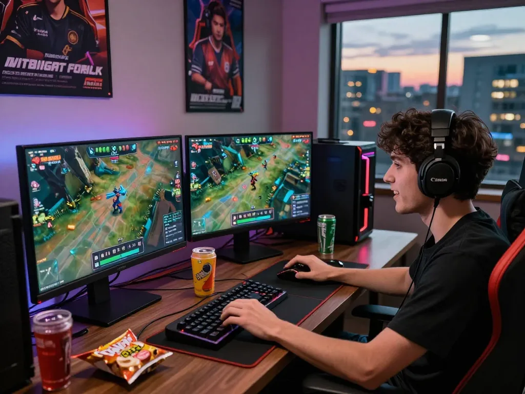 Engaged gamer exploring GG88 online betting with vibrant esports action on multiple screens.