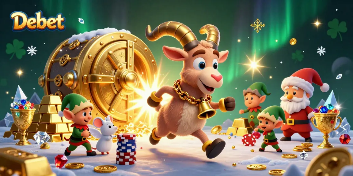 Debet casino scene with a Krampus goat, an angel mouse, and elf gremlins amid jewels and chips.