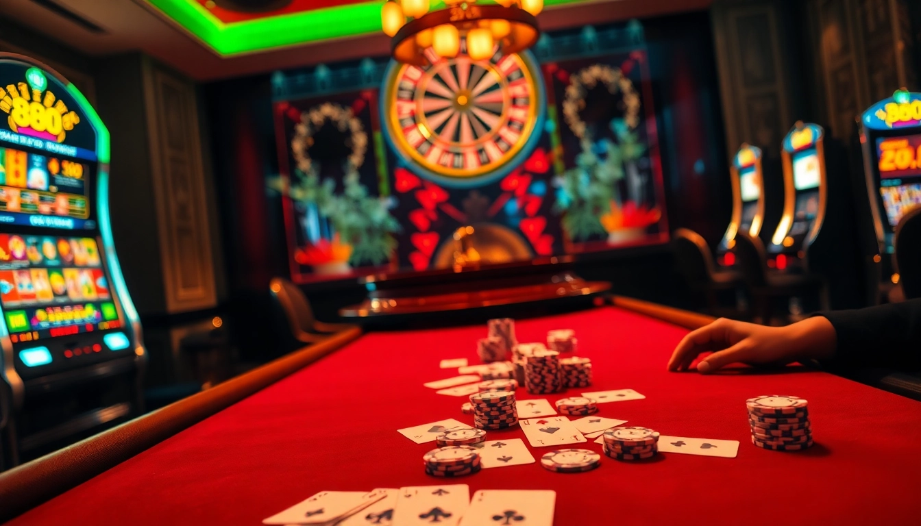 Experience the thrill of 888b with a luxurious poker table, vibrant chips, and colorful slot machines.