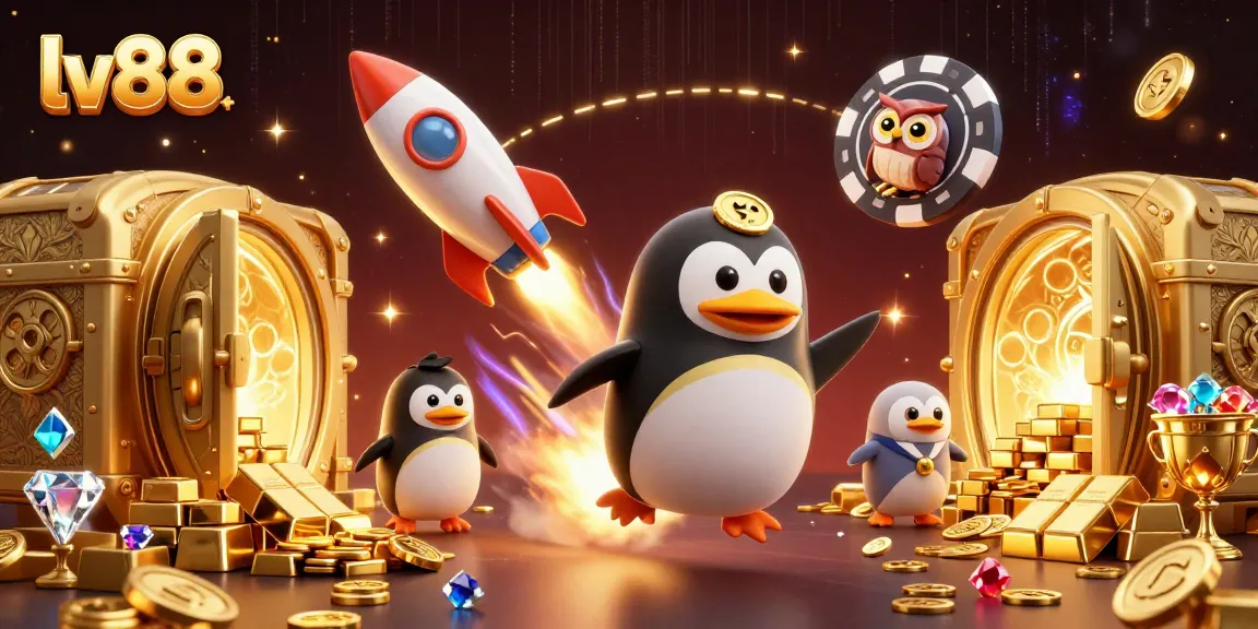 Experience thrilling gaming at lv88 with dynamic gambling elements and a cartoon penguin in space.