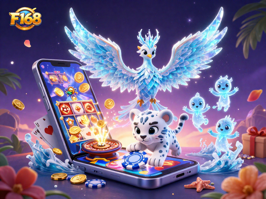 Experience F168's vibrant gaming scene with an ice phoenix, poker chips, and dynamic slot games.