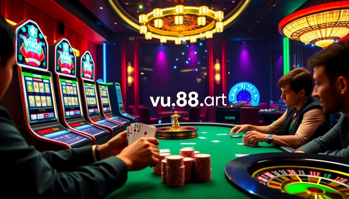 Exciting online gambling experience at https://vu88.art/ with vibrant casino graphics and engaged players.