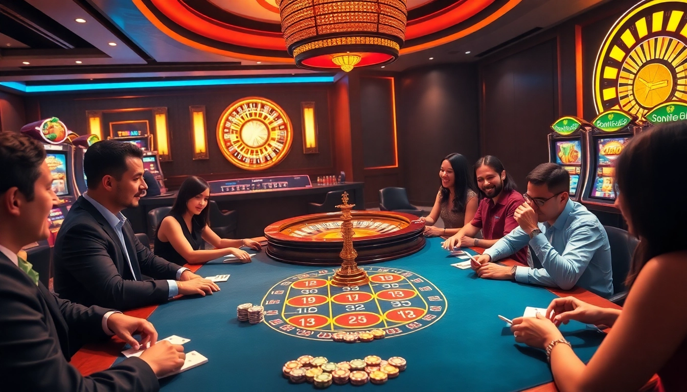 Players excitedly bet at a luxurious casino table at tr88, surrounded by colorful gaming elements.
