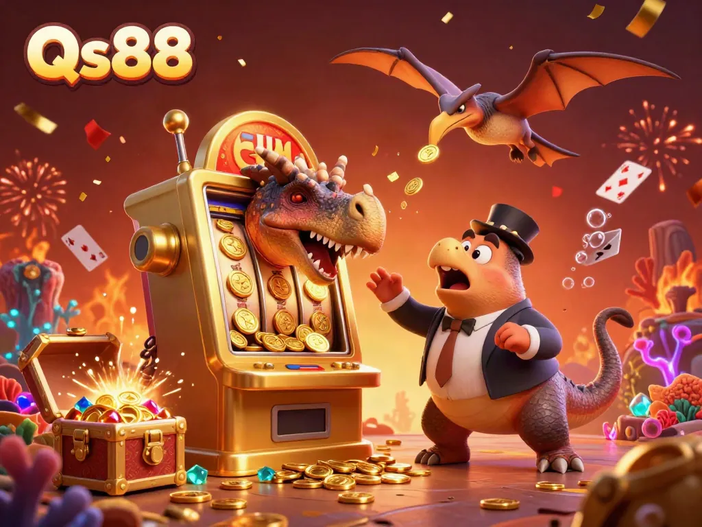 Experience excitement at Qs88 with a 3D dinosaur celebrating jackpot wins next to a chaotic casino scene.