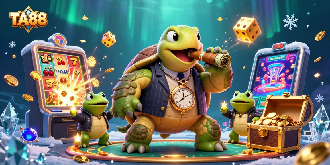 TA88 jackpot scene with a cartoon turtle in a mobster suit and slot machine bursting coins