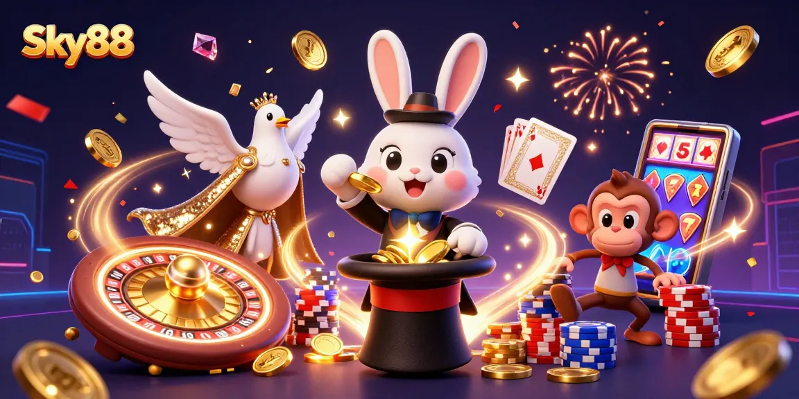 Watch the Sky88 magician rabbit conjuring golden coins amidst a vibrant casino scene filled with excitement.